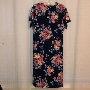 Rouge 2X Navy Floral Short Sleeve Stretch Knit Mock Neck Midi Dress